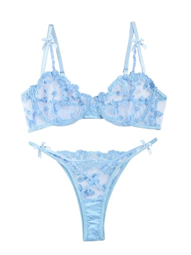 Lilosy Sexy Cute Underwire Push Up Strappy Heart Embroidered Mesh Sheer Lingerie Set for Women Bachelorette See Through Bra and Panty 2 Piece Bow Light Blue Small - Image 1