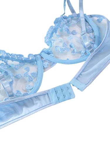 Lilosy Sexy Cute Underwire Push Up Strappy Heart Embroidered Mesh Sheer Lingerie Set for Women Bachelorette See Through Bra and Panty 2 Piece Bow Light Blue Small - Image 4