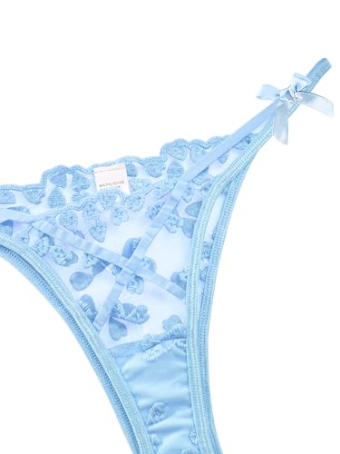 Lilosy Sexy Cute Underwire Push Up Strappy Heart Embroidered Mesh Sheer Lingerie Set for Women Bachelorette See Through Bra and Panty 2 Piece Bow Light Blue Small - Image 5