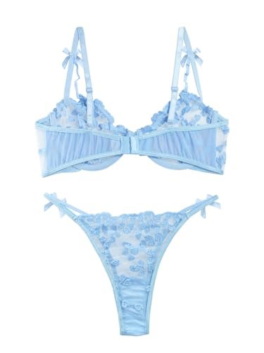 Lilosy Sexy Cute Underwire Push Up Strappy Heart Embroidered Mesh Sheer Lingerie Set for Women Bachelorette See Through Bra and Panty 2 Piece Bow Light Blue Small - Image 2