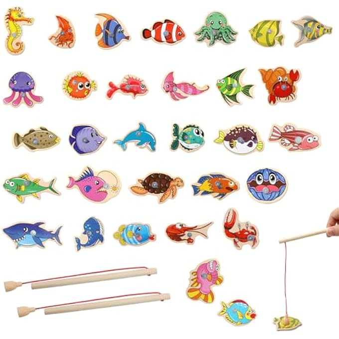 WOODEN FISHING GAME 31 FISH & 2 FISHING RODS MAGNETIC GAME MAGNETIC FISHING GAME FROM 2 YEARS & 3 YEARS MAGNETS CHILDREN FISH TOY FISH FISHING GAME FUNNY GIFTS FOR CHILDREN - Image 1