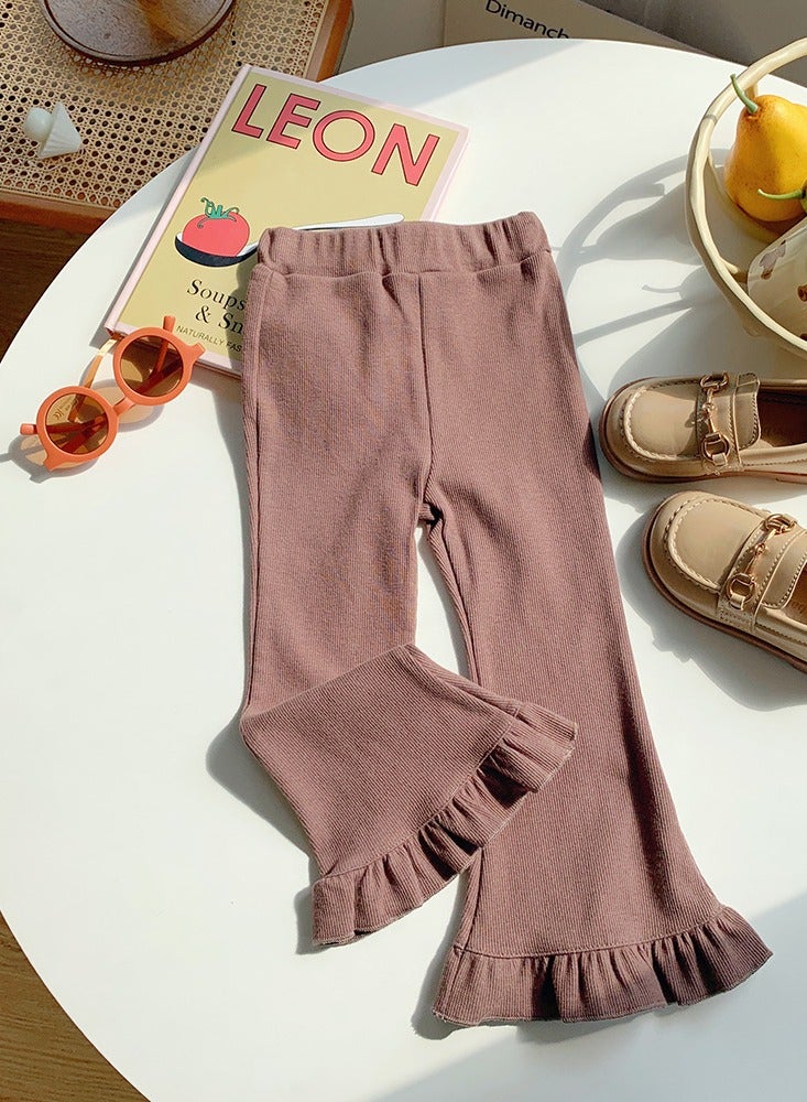Loquat Girl's Solid Color Bell Bottoms Elastic Waist Flared Pants Ruffle Leggings Brown 