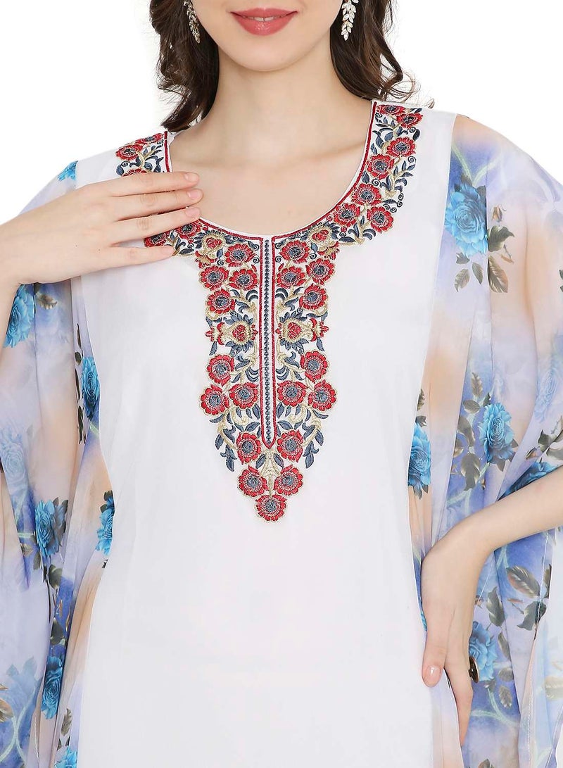 HANA & SARA MULTICOLOUR PRINTED WITH EMBROIDERED SHORT SLEEVES ARABIC KAFTAN JALABIYA DRESSES - Image 3
