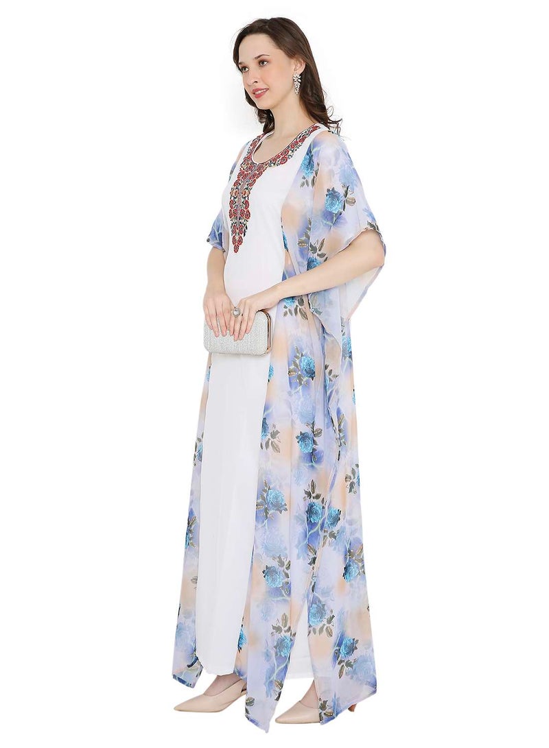 HANA & SARA MULTICOLOUR PRINTED WITH EMBROIDERED SHORT SLEEVES ARABIC KAFTAN JALABIYA DRESSES - Image 4