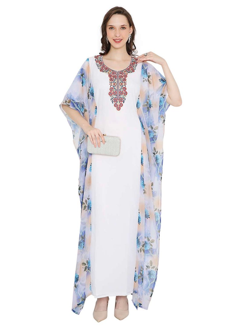 HANA & SARA MULTICOLOUR PRINTED WITH EMBROIDERED SHORT SLEEVES ARABIC KAFTAN JALABIYA DRESSES - Image 5