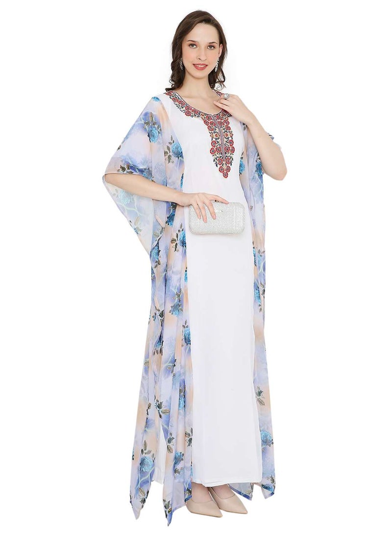 HANA & SARA MULTICOLOUR PRINTED WITH EMBROIDERED SHORT SLEEVES ARABIC KAFTAN JALABIYA DRESSES - Image 1