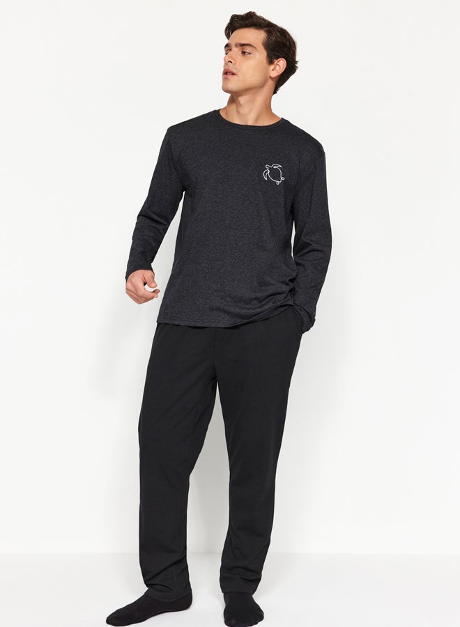 trendyol Men's Anthracite Regular Fit Printed Knitted Pajamas Set TMNAW24PT00038  - Image 1
