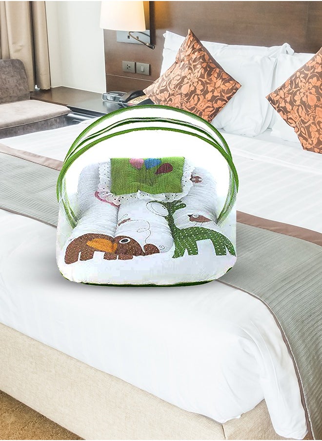 Superminis - Baby Bed with Thick Mattress, Mosquito Net with Zip Closure, Neck Pillow , Baby Bedding for New Born, 0M+, Baby Sleeping Bed of 32 inch X 18 inch X 4 inch Size (GREEN),Pack of 1 - Image 1