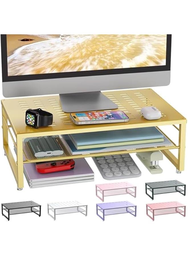 Arabest 2-Tier Metal Monitor Stand Riser, Desk Organizer for Monitor, Office Desk Storage Organizer for Office Supplies (Gold)  - Image 1
