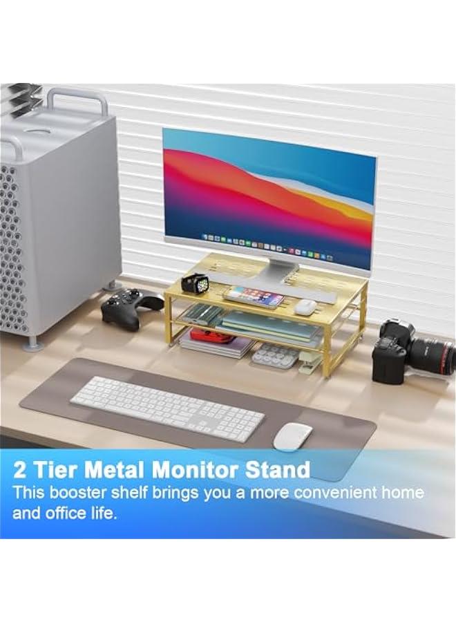 Arabest 2-Tier Metal Monitor Stand Riser, Desk Organizer for Monitor, Office Desk Storage Organizer for Office Supplies (Gold)  - Image 2