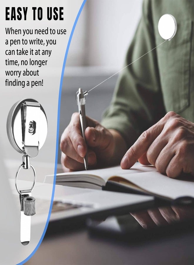 Farady 2Pcs Retractable Pull Pen Pencil Holder Heavy Duty Metal Pen Clip with 27.5'' Steel Cord, Universal Pencil Holder Keychain with Belt Clip and Key Ring for Carpenters, Waiters, Doctors, Nurses - Image 5