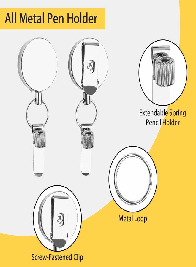 Farady 2Pcs Retractable Pull Pen Pencil Holder Heavy Duty Metal Pen Clip with 27.5'' Steel Cord, Universal Pencil Holder Keychain with Belt Clip and Key Ring for Carpenters, Waiters, Doctors, Nurses - Image 2