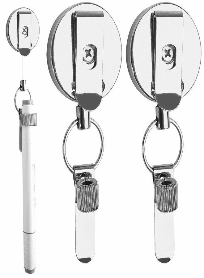Farady 2Pcs Retractable Pull Pen Pencil Holder Heavy Duty Metal Pen Clip with 27.5'' Steel Cord, Universal Pencil Holder Keychain with Belt Clip and Key Ring for Carpenters, Waiters, Doctors, Nurses - Image 1