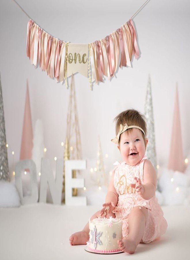 ZZDCMS Pink Gold Highchair Banner - Pink Birthday Party Decoration, Gold High Chair Banner For 1st Birthday Girl, Cake Smash Photo Prop, Baby Shower Garland - Image 3