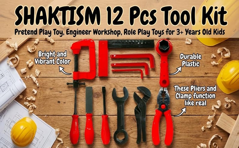 SHAKTISM 12 Pcs Tool Kit - Pretend Play Toy, Engineer Workshop, Role Play Toys for 3+ Years Old Kids , Random Colour - Image 2
