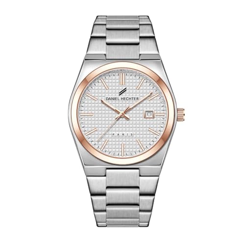 Daniel Hechter Paris Hoche Collection Formal Analog Watch for Men – Round dial and Silver Stainless Steel Strap with Day-Date Display (Dial: White,Strap: Silver) - Image 1
