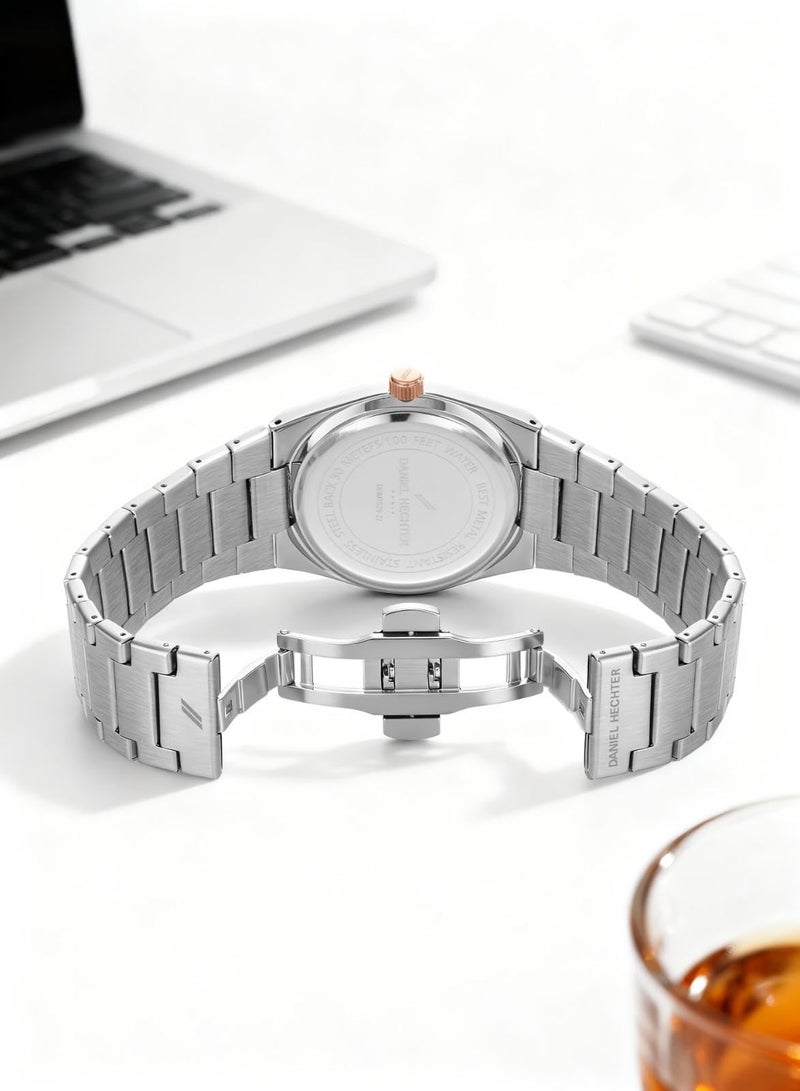 Daniel Hechter Paris Hoche Collection Formal Analog Watch for Men – Round dial and Silver Stainless Steel Strap with Day-Date Display (Dial: White,Strap: Silver) - Image 5