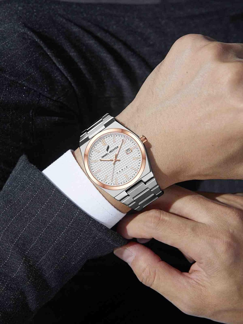 Daniel Hechter Paris Hoche Collection Formal Analog Watch for Men – Round dial and Silver Stainless Steel Strap with Day-Date Display (Dial: White,Strap: Silver) - Image 2