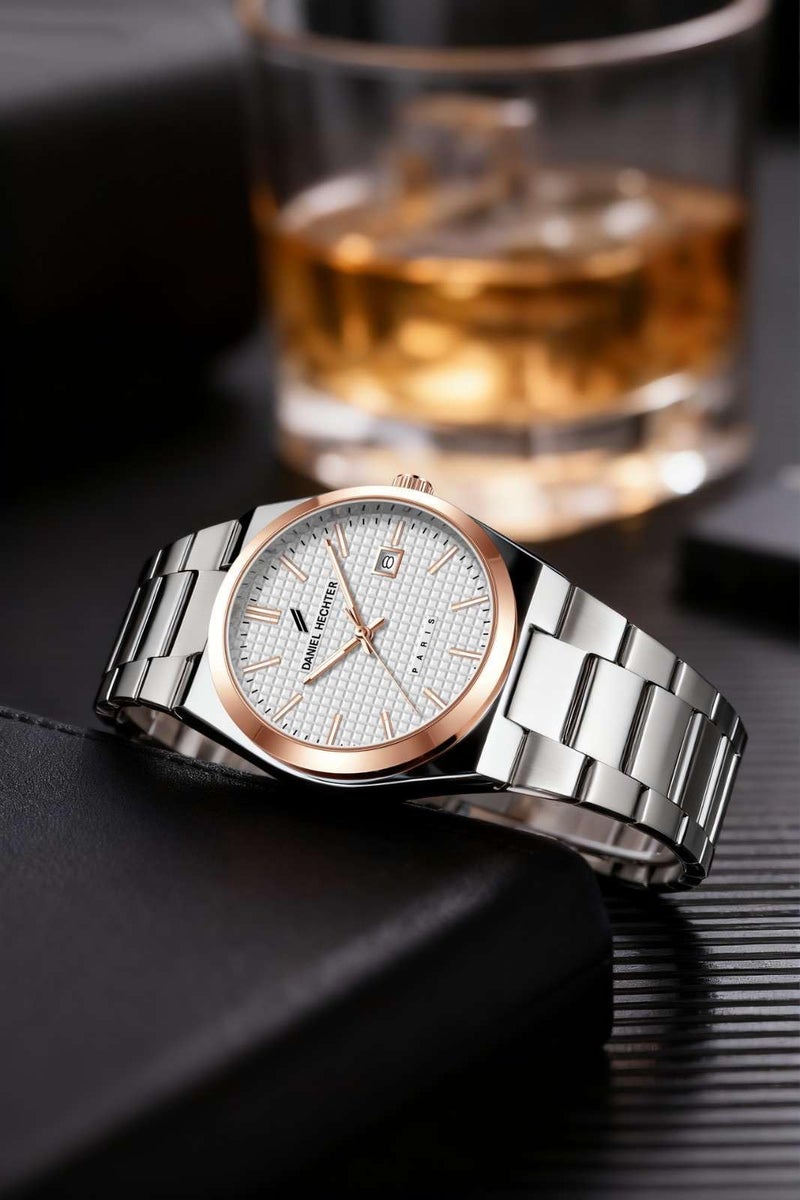 Daniel Hechter Paris Hoche Collection Formal Analog Watch for Men – Round dial and Silver Stainless Steel Strap with Day-Date Display (Dial: White,Strap: Silver) - Image 3