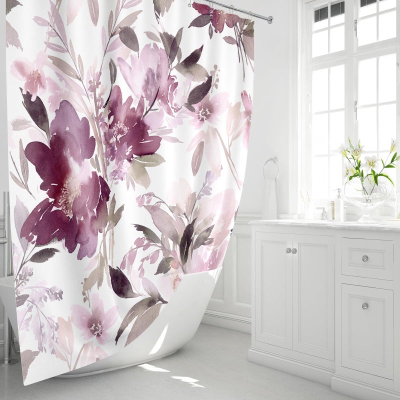 MAYZUS Mauve Floral Shower Curtain  Watercolor Flower Shower Curtain for Bathroom  Modern Abstract Ink Decorative Fabric Shower Curtain Set with Hooks 72x72 - Image 1