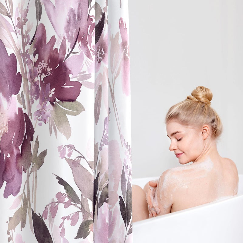 MAYZUS Mauve Floral Shower Curtain  Watercolor Flower Shower Curtain for Bathroom  Modern Abstract Ink Decorative Fabric Shower Curtain Set with Hooks 72x72 - Image 2