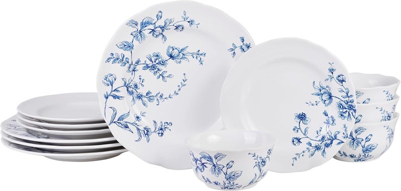 222 Fifth Bellamy Blue 12Piece Porcelain Dinnerware Set  Service for 4 Dinner Plates Salad Plates  Cereal Bowls Durable Porcelain for Daily Dining  Entertainment Microwave  Dishwasher Safe - Image 1