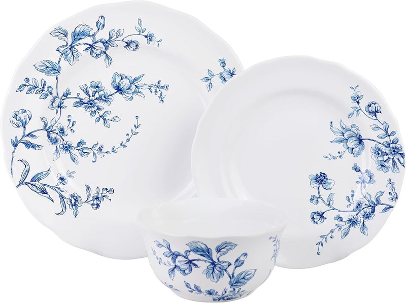222 Fifth Bellamy Blue 12Piece Porcelain Dinnerware Set  Service for 4 Dinner Plates Salad Plates  Cereal Bowls Durable Porcelain for Daily Dining  Entertainment Microwave  Dishwasher Safe - Image 2