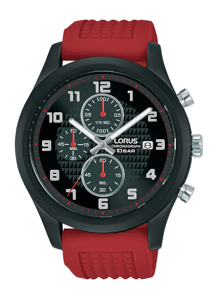 LORUS ساعة لوروس كرونوغراف كوارتز بسوار سيليكون ومينا سوداء للرجال RM393GX9 - Image 1