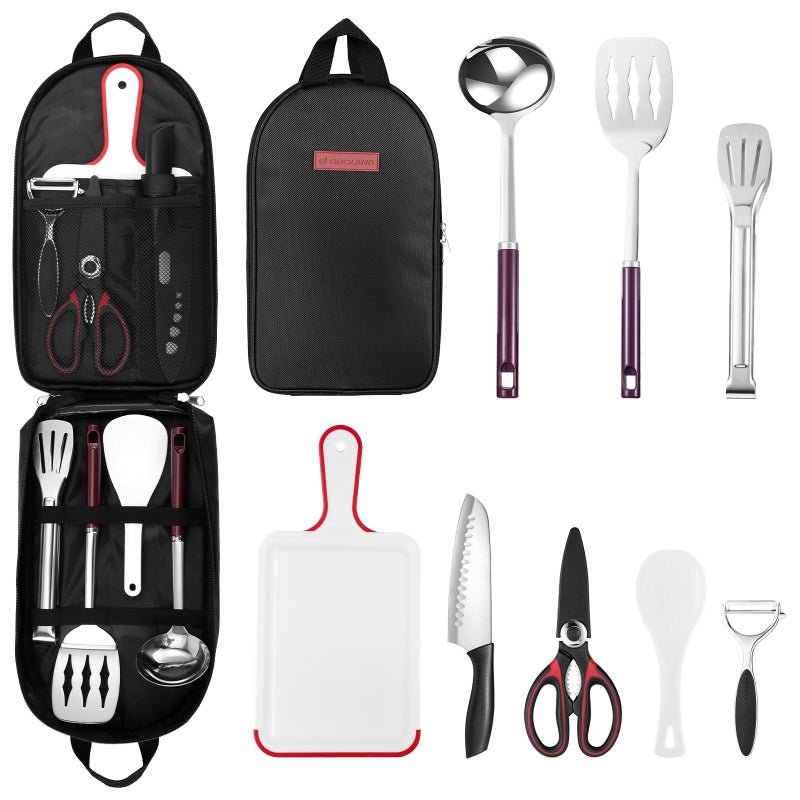 Odoland Camping Kitchen Utensil Organizer Travel Set with Tongs, Scissors, Cutting Board, Rice Paddle and Water Resistant Case for Indoor Daily Meal or Outdoor Hiking Picnic and Trekking - Image 1