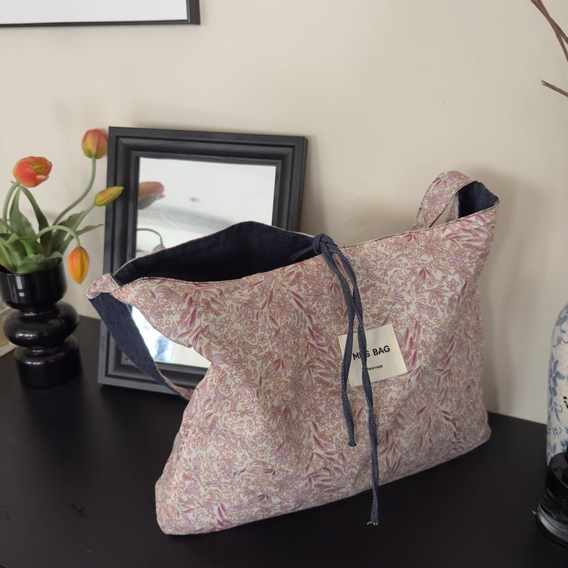 2025 Japanese And Korean Versatile Dopamine Color Block Denim Bag Large Capacity Single Shoulder Crossbody Double Bread Floral Bag - Image 1