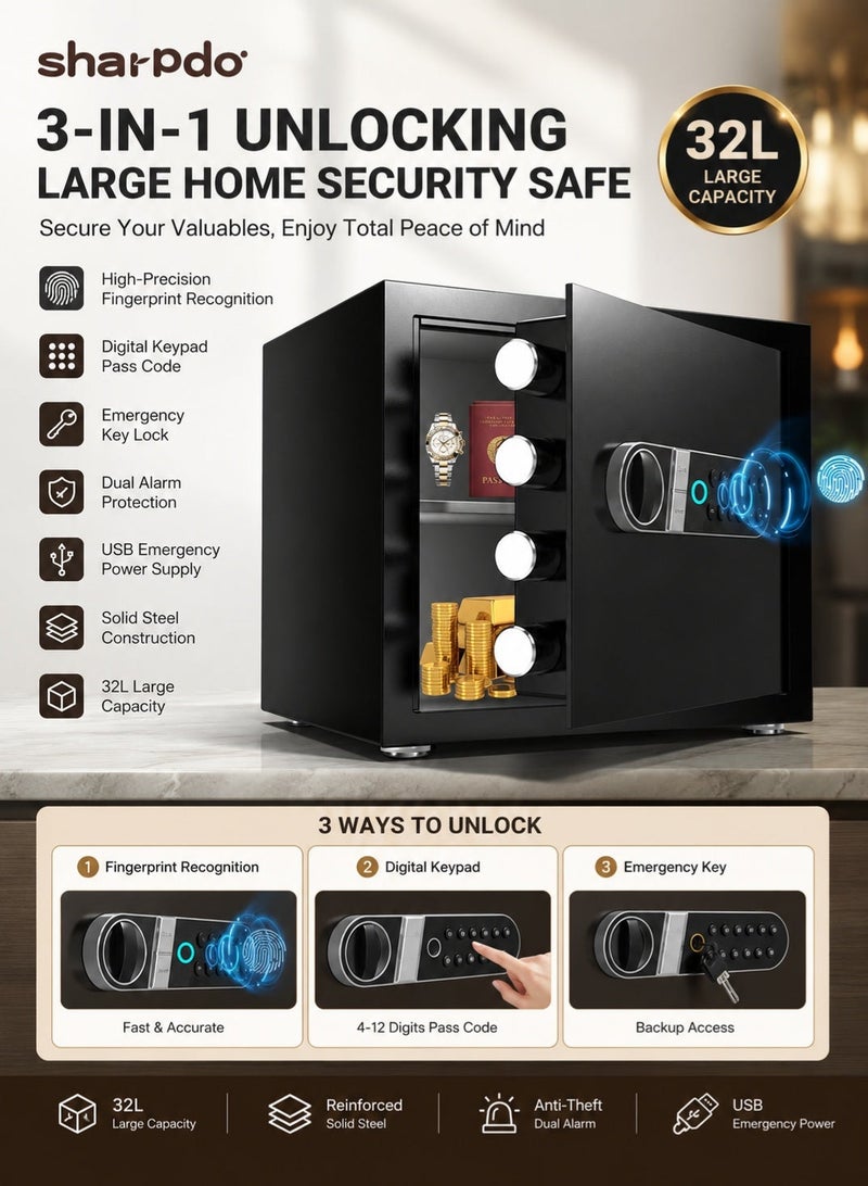Sharpdo Fingerprint 3-in-1 Unlocking Large Home Security Safe & Locker, 32L 38x35x30CM Reinforced Steel Safe,High-Precision Fingerprint Recognition, Digital Keypad & Emergency Key, Anti-Pry Design, Multi Access for Cash, Documents, Jewelry & Valuables - Image 1
