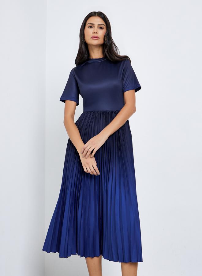 Styli Blue Pleated Short Sleeves A-Line Midi Dress - Image 2