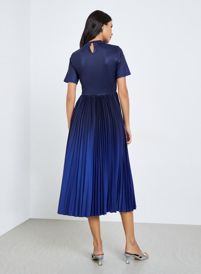 Styli Blue Pleated Short Sleeves A-Line Midi Dress - Image 4