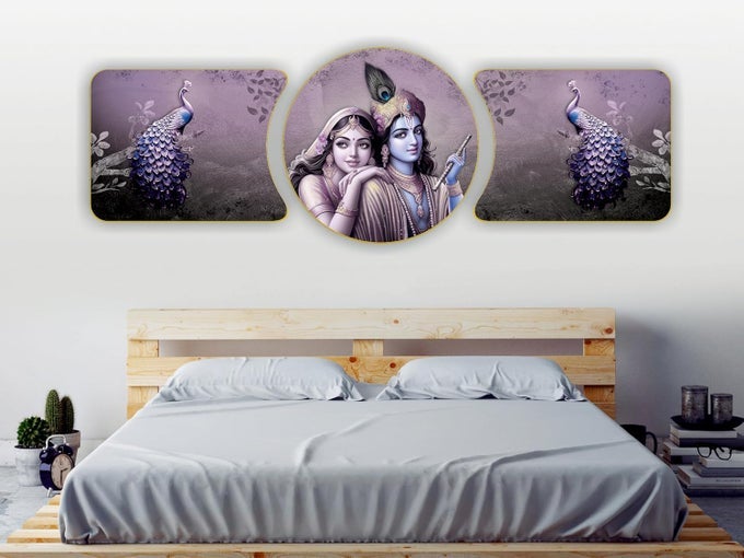 RADHA KRISHNA PEACOCK CRYSTAL EMBEDDED HIGH GLOSS MIRROR FINISHED SURFACE GOLDEN SLIM FRAME WITH HOOK 45X16 INCH LARGE SIZE PACK OF 3 PANEL PAINTING FOR HOMEOFFICEHOTEL