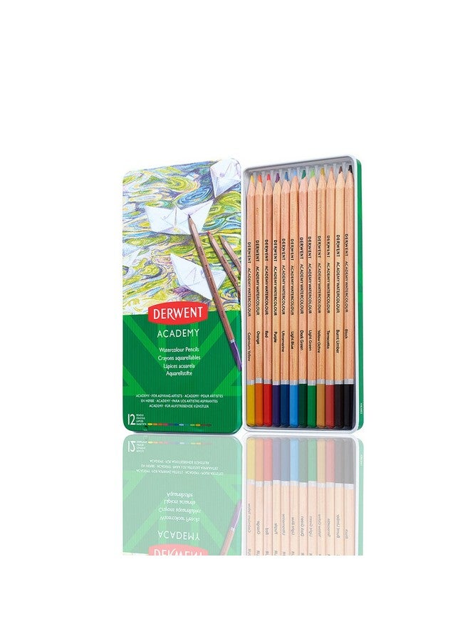 Derwent Academy Watercolour Pencils Tin (Set of 12), Blue, Multi - Image 1