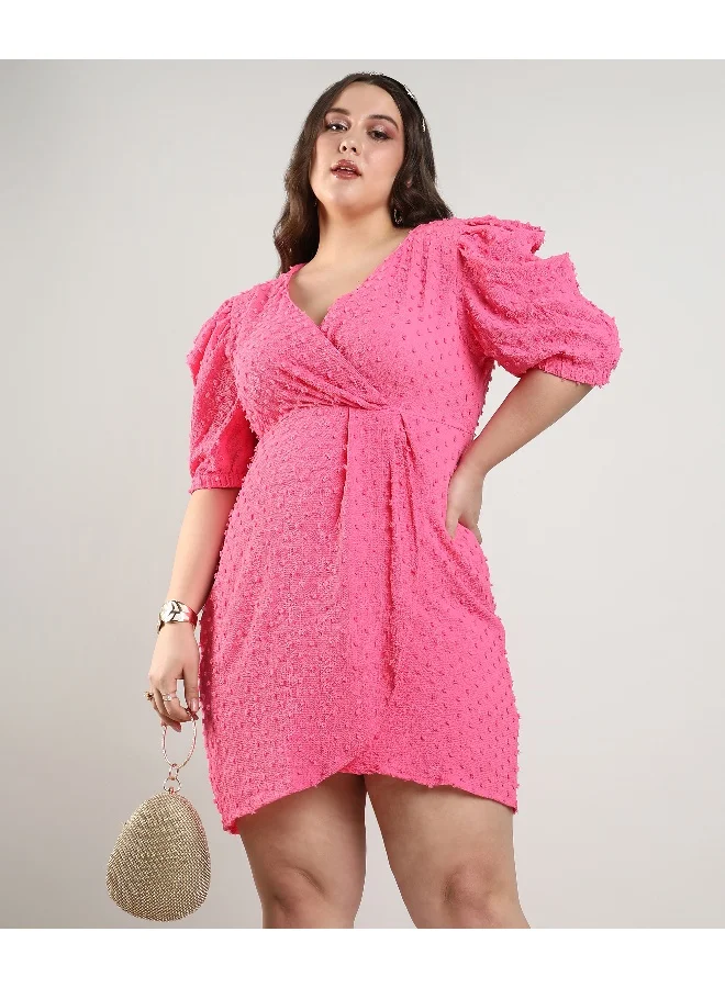 Instafab Plus Women's Blush Pink Self-Design Petal Dress For Casual Wear | Puff Sleeve | Polyester Fabric | V- Neck Dress Crafted With Comfort Fit For Everyday Wear