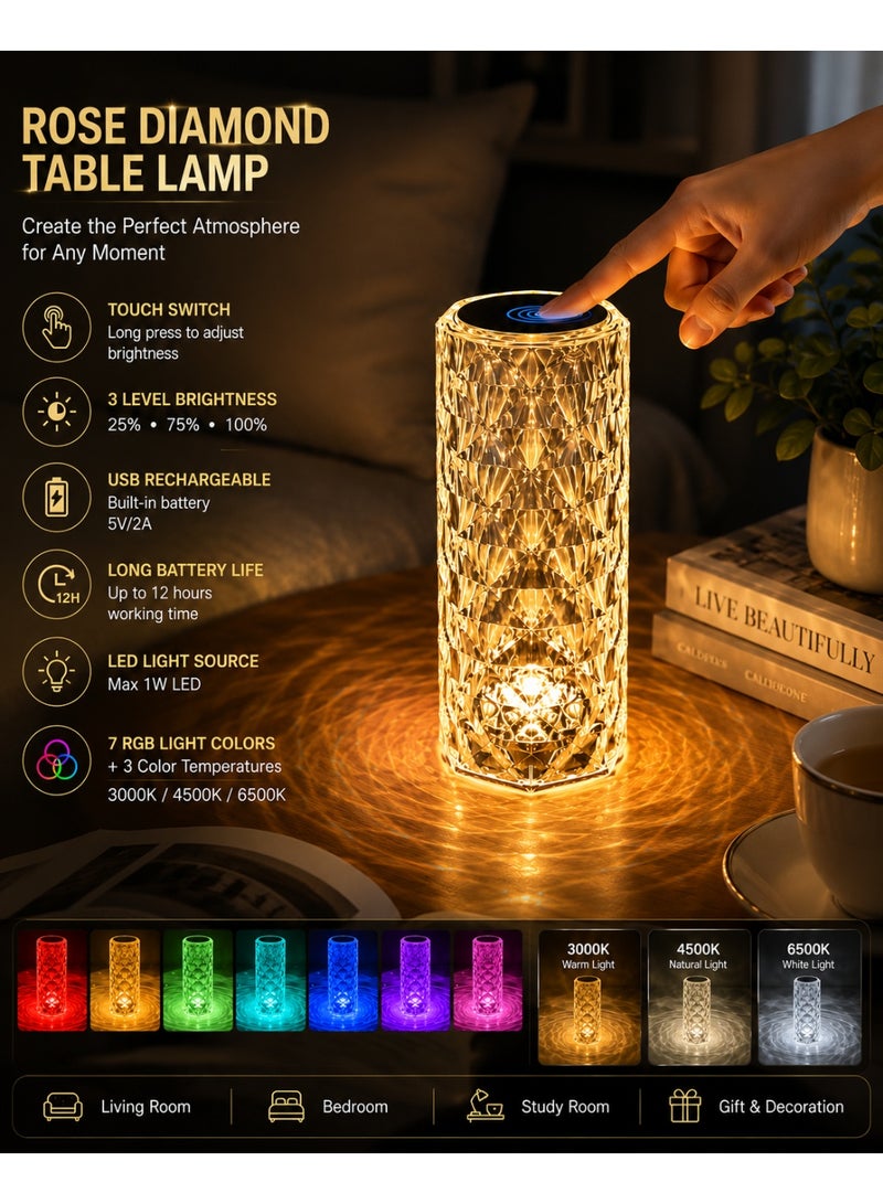 روز مصباح مكتب LED كريستالي قابل لإعادة الشحن باللمس مع 7 ألوان RGB و3 مستويات سطوع و3 درجات حرارة لون USB – مصباح مكتبي ديكوري - Image 1