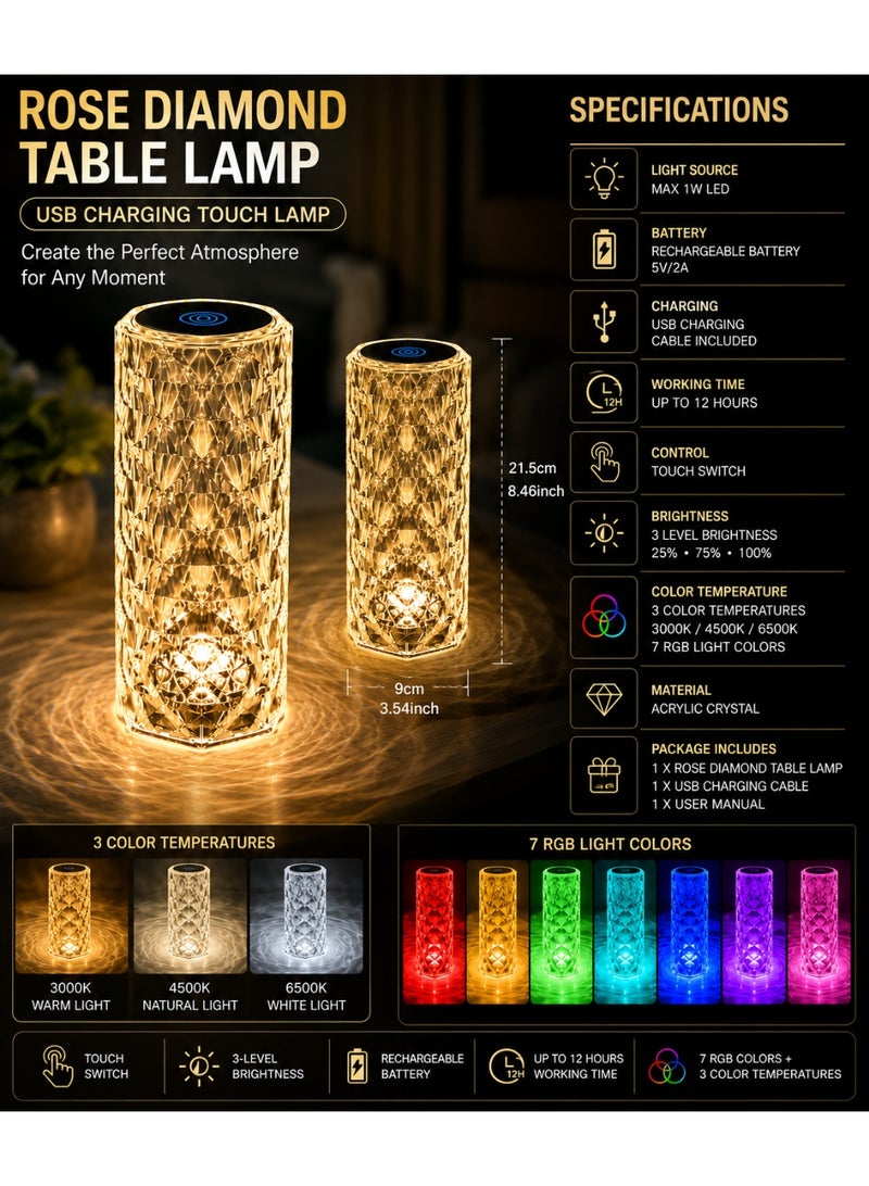 روز مصباح مكتب LED كريستالي قابل لإعادة الشحن باللمس مع 7 ألوان RGB و3 مستويات سطوع و3 درجات حرارة لون USB – مصباح مكتبي ديكوري - Image 2
