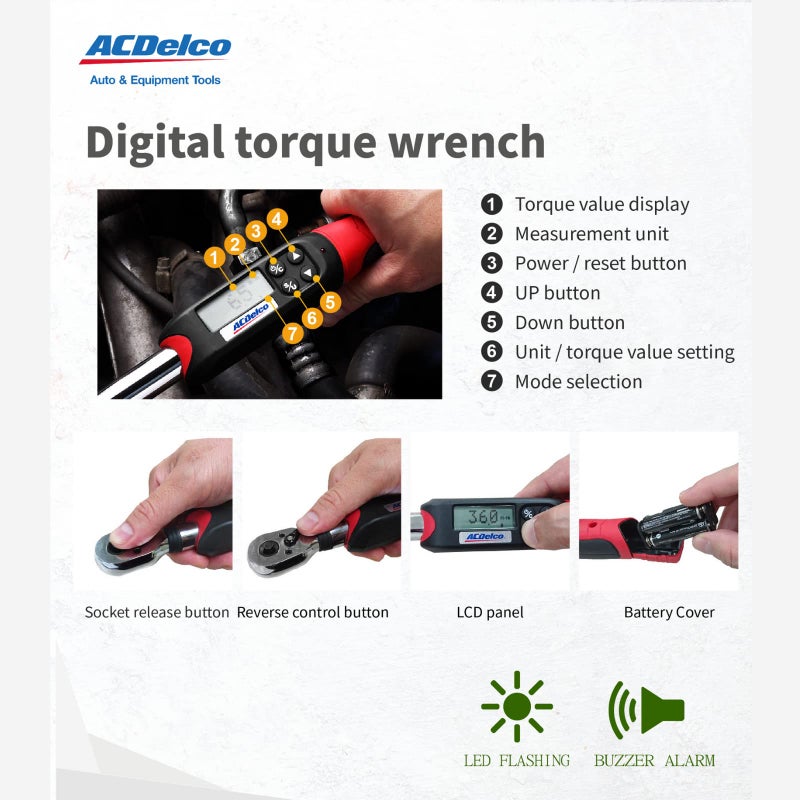 ACDelco Tools ACDelco ARM601-4 1/2” (14.8 to 147.5 ft-lbs.) Heavy Duty Digital Torque Wrench with Buzzer and LED Flash Notification – ISO 6789 Standards with Certificate of Calibration - Image 3