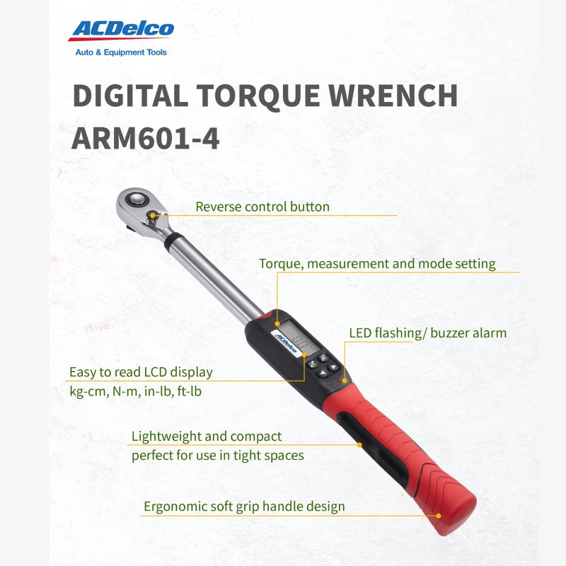 ACDelco Tools ACDelco ARM601-4 1/2” (14.8 to 147.5 ft-lbs.) Heavy Duty Digital Torque Wrench with Buzzer and LED Flash Notification – ISO 6789 Standards with Certificate of Calibration - Image 2