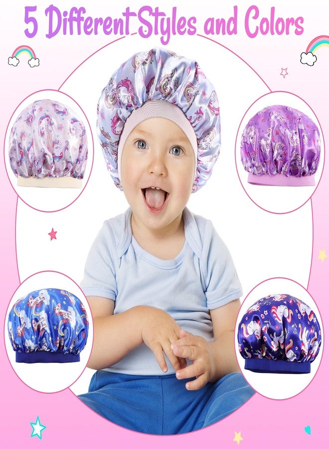 Dyrfolm 5 PCS Kids Satin Bonnet,Soft Silk Bonnet for Sleeping,Kids Bonnets for Girls,Elastic Wide Band Sleeping Cap,Cute Night Hats for Natural Hair Toddler Teens Child(Unicorn-2) - Image 5