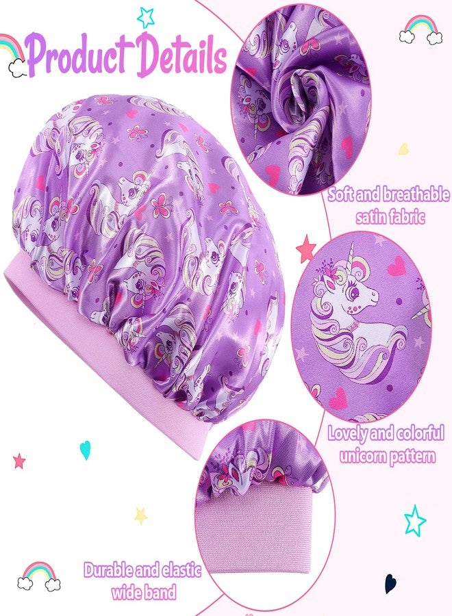 Dyrfolm 5 PCS Kids Satin Bonnet,Soft Silk Bonnet for Sleeping,Kids Bonnets for Girls,Elastic Wide Band Sleeping Cap,Cute Night Hats for Natural Hair Toddler Teens Child(Unicorn-2) - Image 3