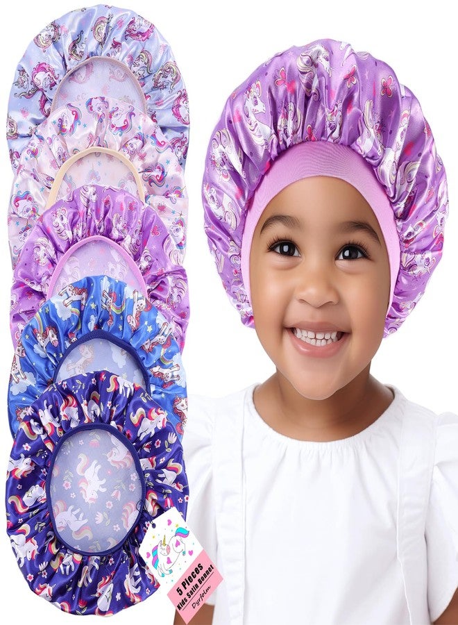 Dyrfolm 5 PCS Kids Satin Bonnet,Soft Silk Bonnet for Sleeping,Kids Bonnets for Girls,Elastic Wide Band Sleeping Cap,Cute Night Hats for Natural Hair Toddler Teens Child(Unicorn-2) - Image 1