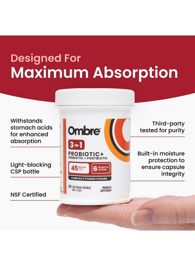 Ombre 3-in-1 Probiotic, Prebiotic and Postbiotic for Digestive Health & Gut Health - 45 Billion CFU - Bloating, Constipation & Gas Relief - Metabolic & Immune Support for Women & Men, 30 Day Supply