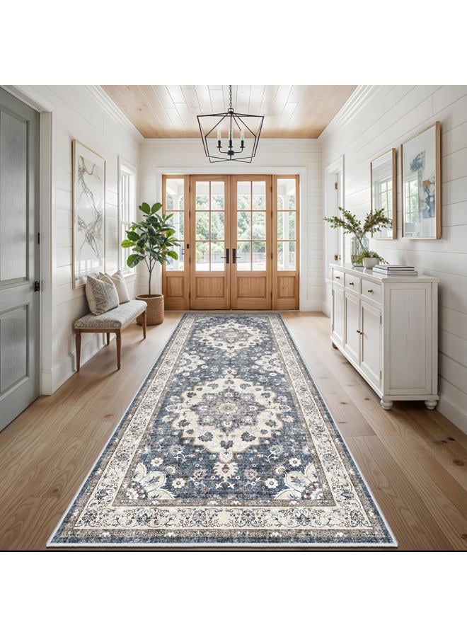 4x10 Wide Hallway Runner Rug - Washable Runner Rugs with Non Slip Backing Low Pile Carpets for Kitchen Bathroom Stain Resistant Carpet for Entry Living Room Dining Room Thin Floor Mat 4x10 Blue