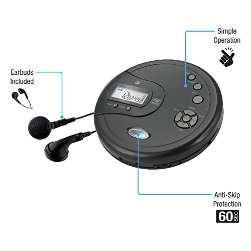 GPX PC332B Portable CD Player with Anti-Skip Protection, FM Radio and Stereo Earbuds - Black - Image 2