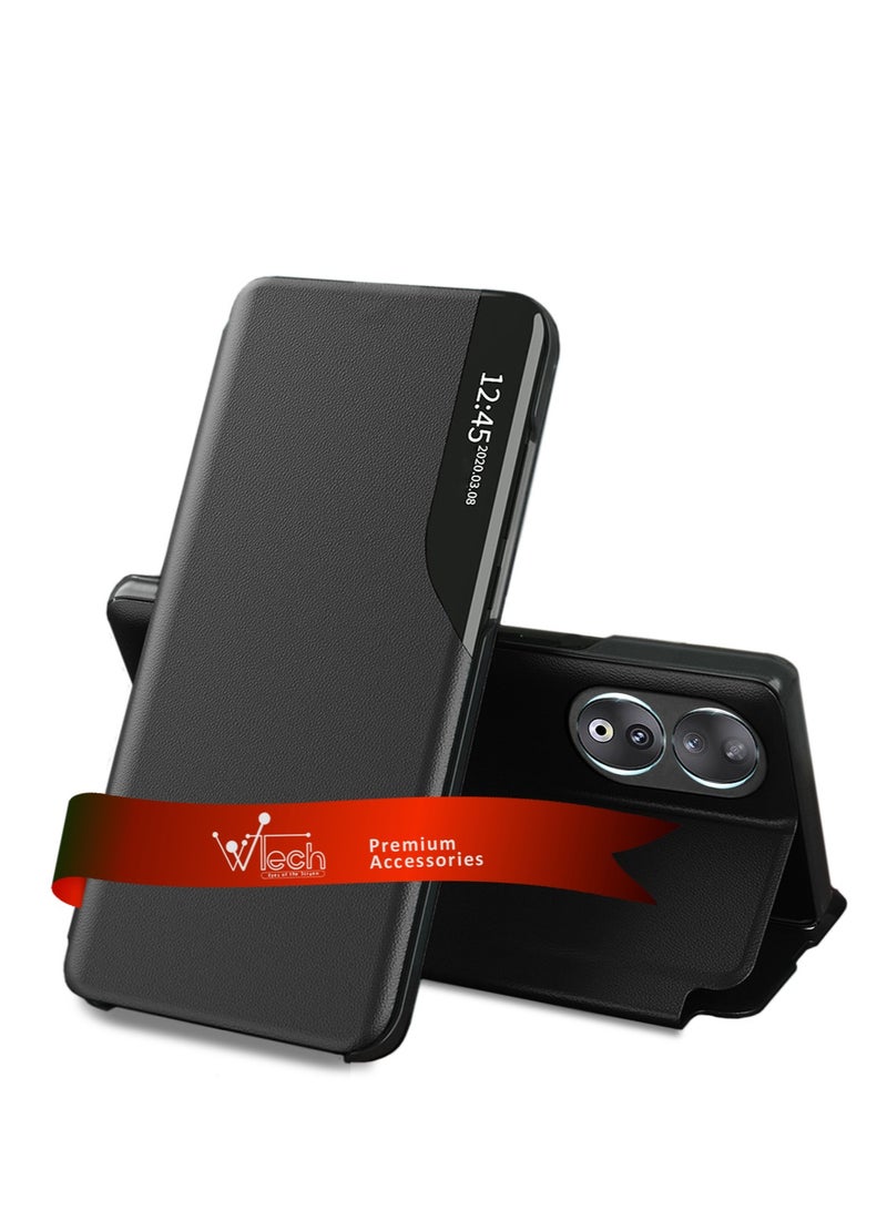 دبليو تيك حافظة هاتف قابلة للطي بمرآة ذكية، غطاء حماية تلقائي للنوم لهاتف Honor 90 5G 2023، أسود - Image 1