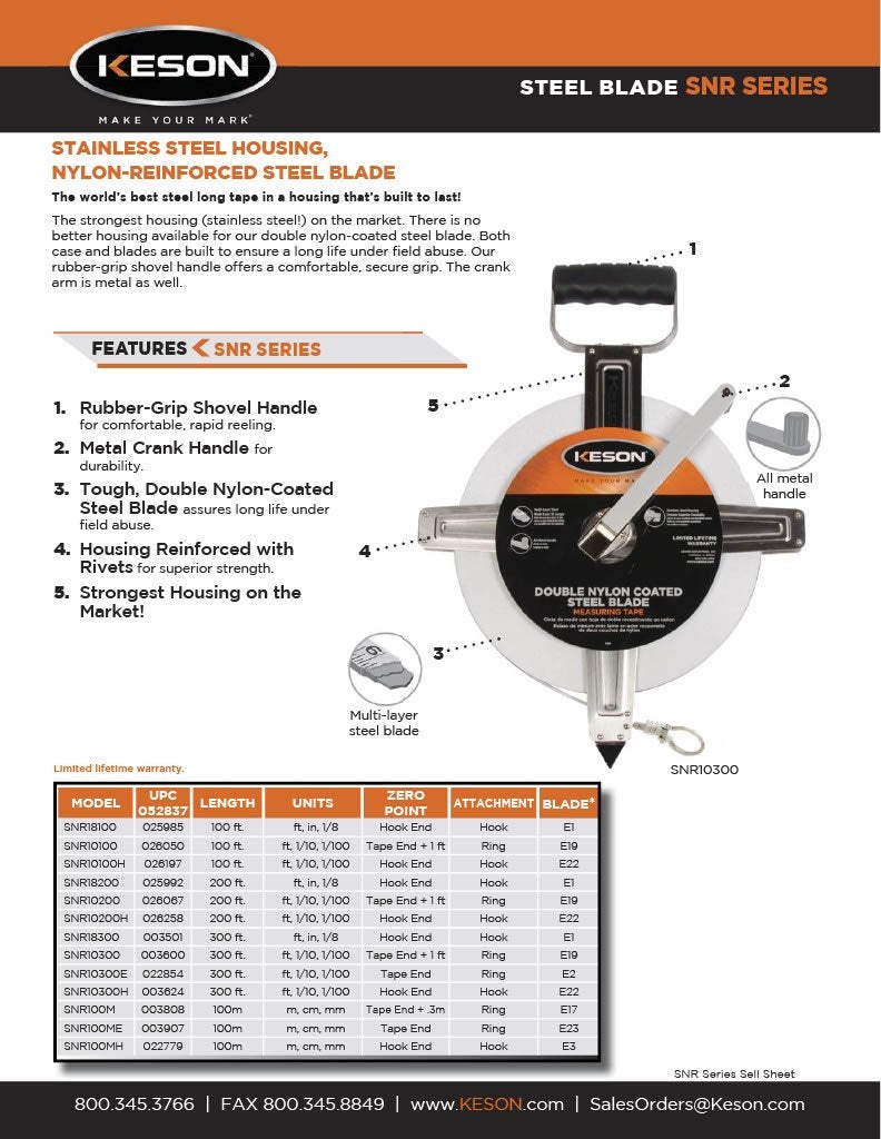 Keson SNR10100H Nylon-Reinforced Steel Blade Tape Measure with Stainless Steel Housing with Hook End (Graduations: ft, 1/10, 1/00), 100-Foot - Image 2