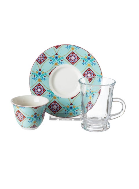 Tea and coffee set 18 pieces of glass and porcelain, consisting of 6 cups + 6 tea saucers + 6 Saudi coffee cups