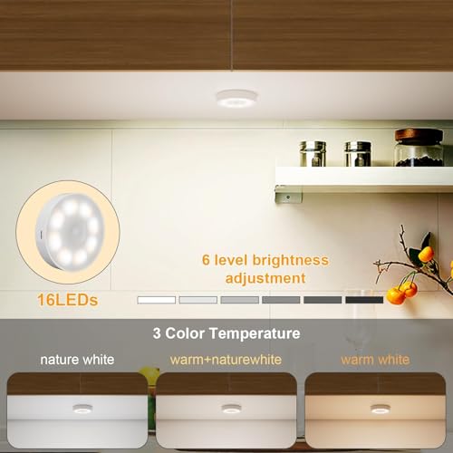 Electight 6 Pack Under Cabinet Lights [with Remote], 16 LEDs Wireless Motion Sensor Light Puck Light, 3 Color Temps Dimmable 3000-6000K, Rechargeable Closet Lights for Cabinet, Closet, Kitchen, Hallway, Stairs - Image 2